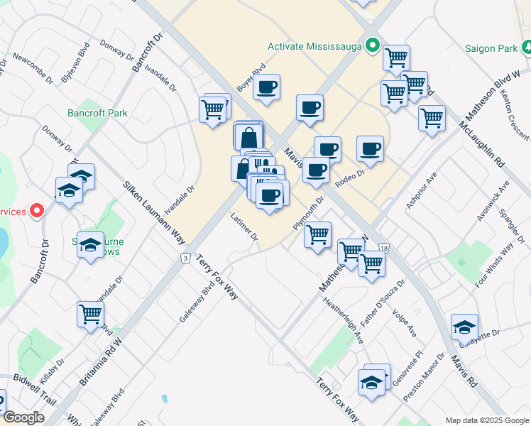 map of restaurants, bars, coffee shops, grocery stores, and more near 3-5955 Latimer Drive in Mississauga