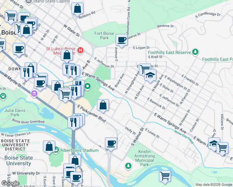 map of restaurants, bars, coffee shops, grocery stores, and more near 724 East Warm Springs Avenue in Boise