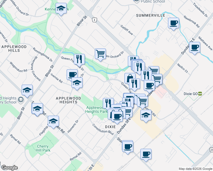 map of restaurants, bars, coffee shops, grocery stores, and more near 1230 Gripsholm Road in Mississauga
