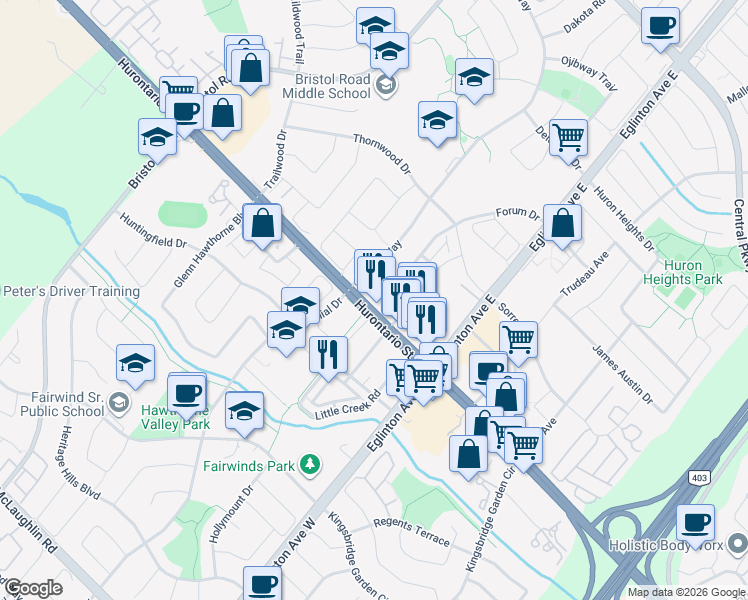 map of restaurants, bars, coffee shops, grocery stores, and more near 5081 Hurontario Street in Mississauga