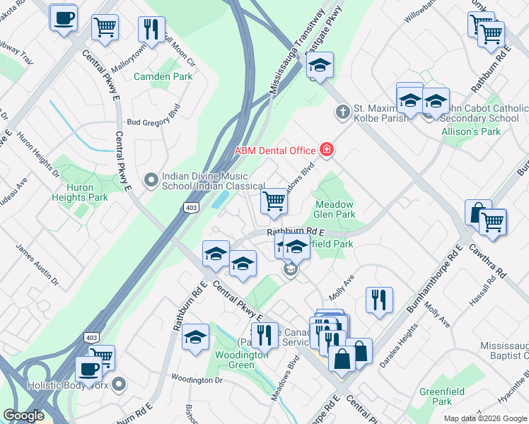 map of restaurants, bars, coffee shops, grocery stores, and more near 485 Meadows Boulevard in Mississauga