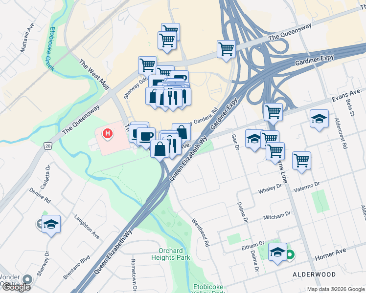 map of restaurants, bars, coffee shops, grocery stores, and more near 700 Evans Avenue in Toronto