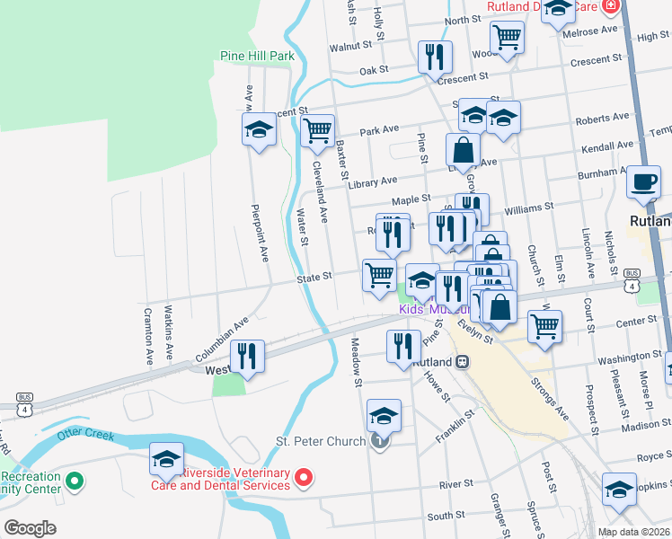 map of restaurants, bars, coffee shops, grocery stores, and more near 39 Cleveland Avenue in Rutland