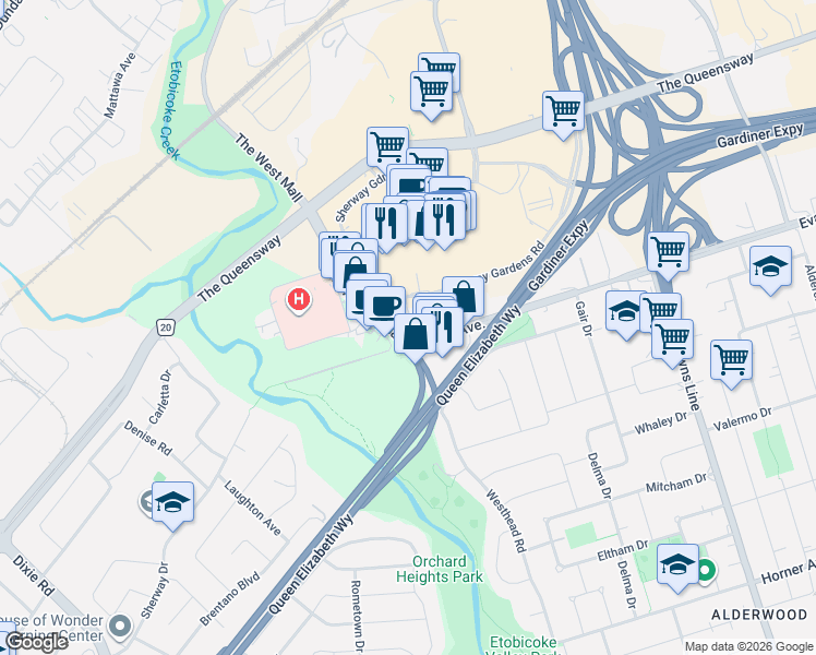 map of restaurants, bars, coffee shops, grocery stores, and more near 225 Sherway Gardens Road in Toronto