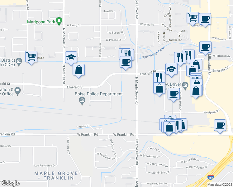 map of restaurants, bars, coffee shops, grocery stores, and more near 456 North Kimball Place in Boise