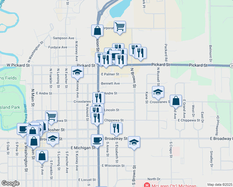 map of restaurants, bars, coffee shops, grocery stores, and more near 1001-1003 East Andre Street in Mount Pleasant