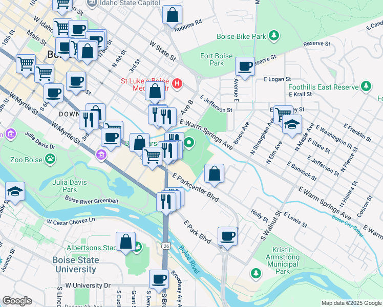 map of restaurants, bars, coffee shops, grocery stores, and more near 415 East Warm Springs Avenue in Boise