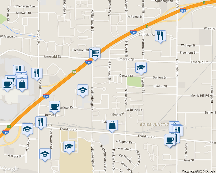 map of restaurants, bars, coffee shops, grocery stores, and more near 510 North Raymond Street in Boise