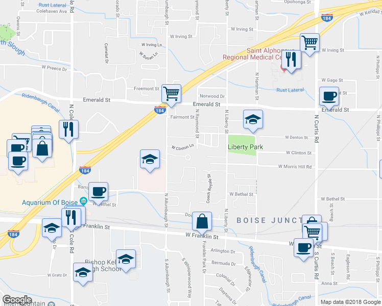 map of restaurants, bars, coffee shops, grocery stores, and more near 510 North Raymond Street in Boise