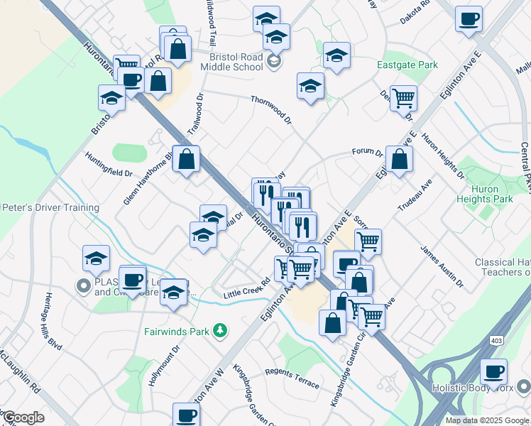 map of restaurants, bars, coffee shops, grocery stores, and more near in Mississauga