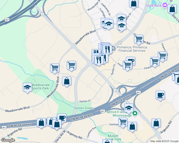 map of restaurants, bars, coffee shops, grocery stores, and more near 2137 Derry Road West in Mississauga