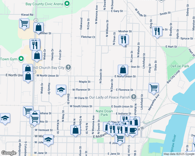 map of restaurants, bars, coffee shops, grocery stores, and more near 903 North Dewitt Street in Bay City