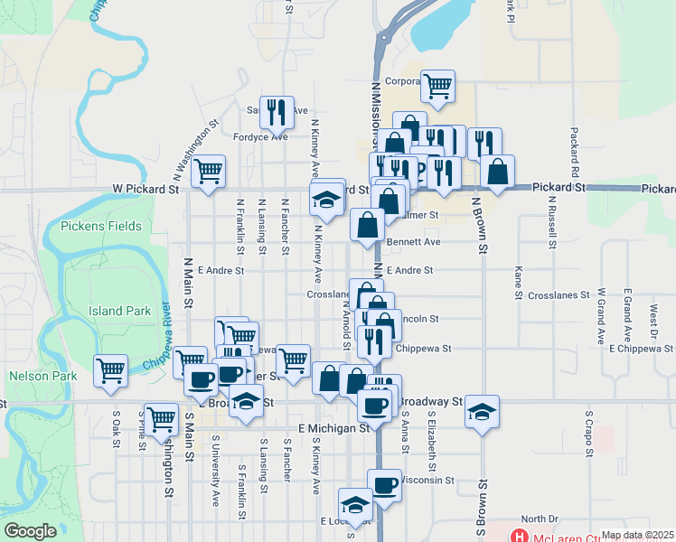 map of restaurants, bars, coffee shops, grocery stores, and more near 720 North Kinney Avenue in Mount Pleasant