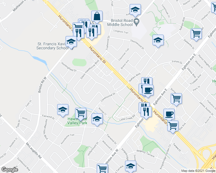 map of restaurants, bars, coffee shops, grocery stores, and more near 5189 Huntingfield Drive in Mississauga