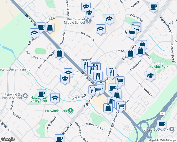 map of restaurants, bars, coffee shops, grocery stores, and more near 5105 Hurontario Street in Mississauga