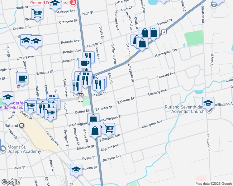 map of restaurants, bars, coffee shops, grocery stores, and more near 28 East Street in Rutland
