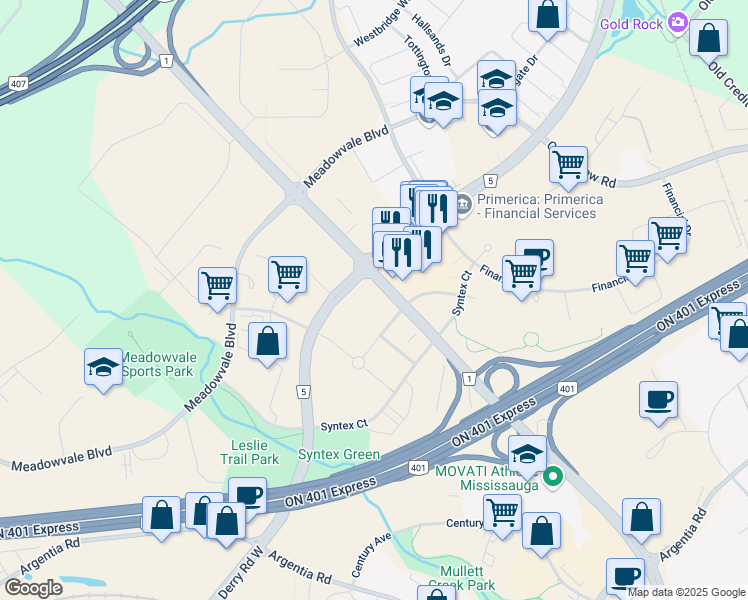 map of restaurants, bars, coffee shops, grocery stores, and more near 2050 Derry Road West in Mississauga