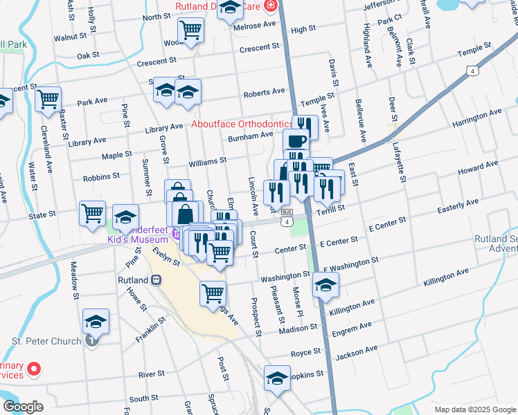 map of restaurants, bars, coffee shops, grocery stores, and more near 10 Lincoln Avenue in Rutland