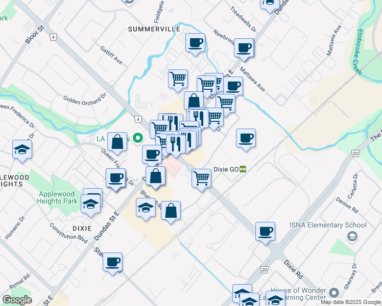 map of restaurants, bars, coffee shops, grocery stores, and more near 1404 Dundas Street East in Mississauga
