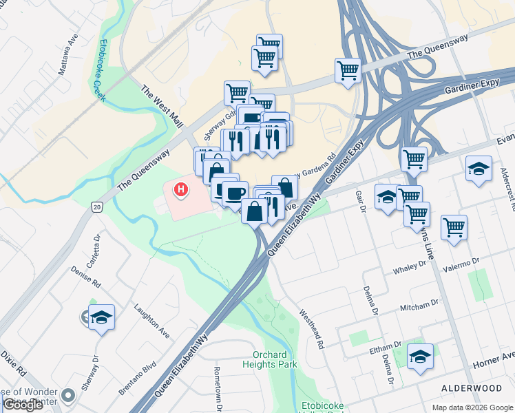 map of restaurants, bars, coffee shops, grocery stores, and more near 225 Sherway Gardens Road in Toronto