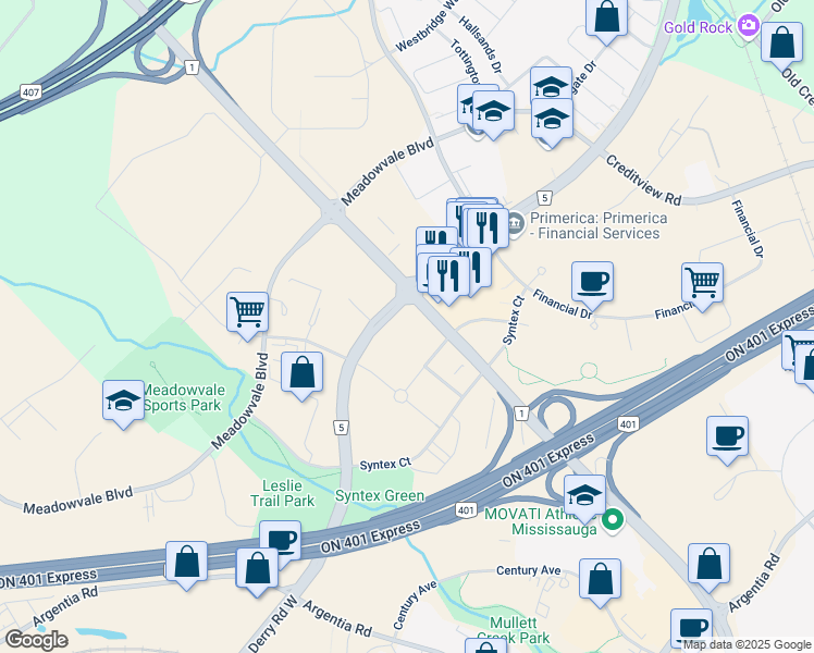 map of restaurants, bars, coffee shops, grocery stores, and more near 2100 Derry Road West in Mississauga