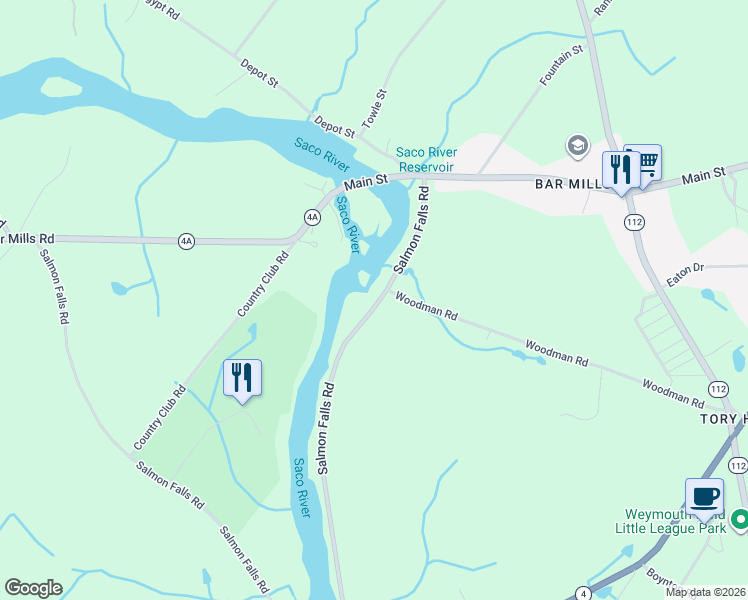 map of restaurants, bars, coffee shops, grocery stores, and more near 61 Salmon Falls Road in Buxton