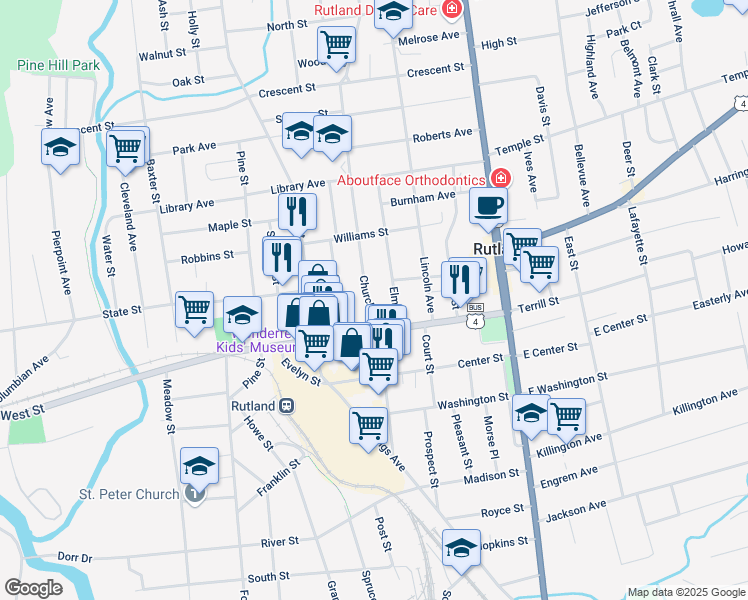 map of restaurants, bars, coffee shops, grocery stores, and more near 18 Church Street in Rutland