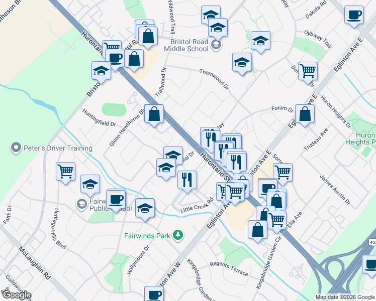 map of restaurants, bars, coffee shops, grocery stores, and more near 35 Ceremonial Drive in Mississauga