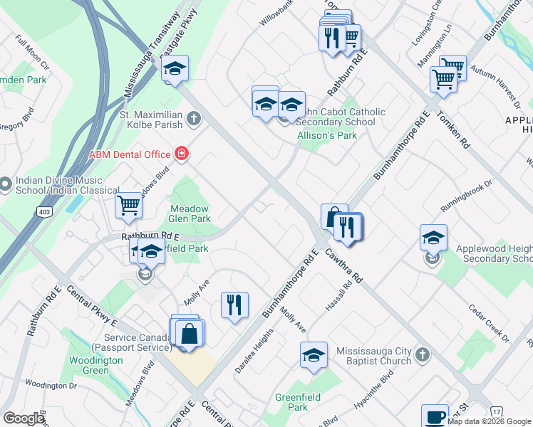 map of restaurants, bars, coffee shops, grocery stores, and more near 640 Rathburn Road East in Mississauga