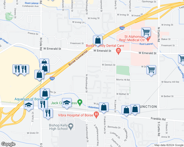 map of restaurants, bars, coffee shops, grocery stores, and more near 6742 West Morris Hill Lane in Boise