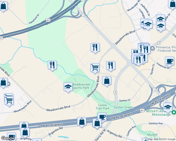 map of restaurants, bars, coffee shops, grocery stores, and more near 7250 West Credit Avenue in Mississauga