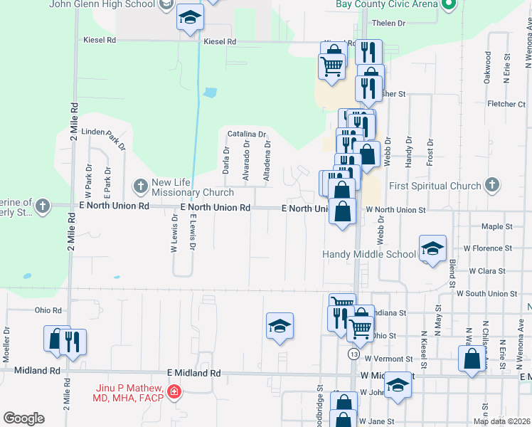map of restaurants, bars, coffee shops, grocery stores, and more near 3341 East North Union Road in Bay City