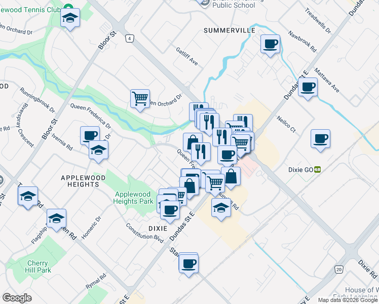 map of restaurants, bars, coffee shops, grocery stores, and more near 3085 Queen Frederica Drive in Mississauga