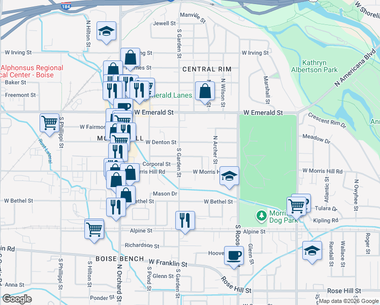 map of restaurants, bars, coffee shops, grocery stores, and more near 4431 West Denton Street in Boise