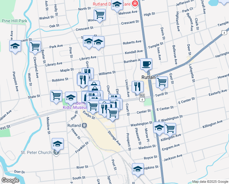 map of restaurants, bars, coffee shops, grocery stores, and more near 18 Church Street in Rutland