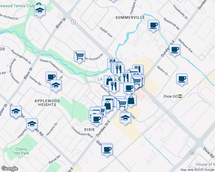 map of restaurants, bars, coffee shops, grocery stores, and more near 3085 Queen Frederica Drive in Mississauga