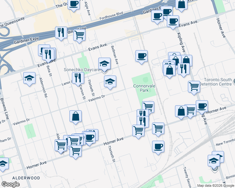 map of restaurants, bars, coffee shops, grocery stores, and more near 287 Valermo Drive in Toronto