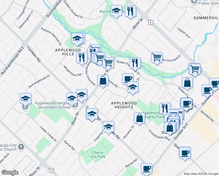 map of restaurants, bars, coffee shops, grocery stores, and more near 1093 Parthia Crescent in Mississauga