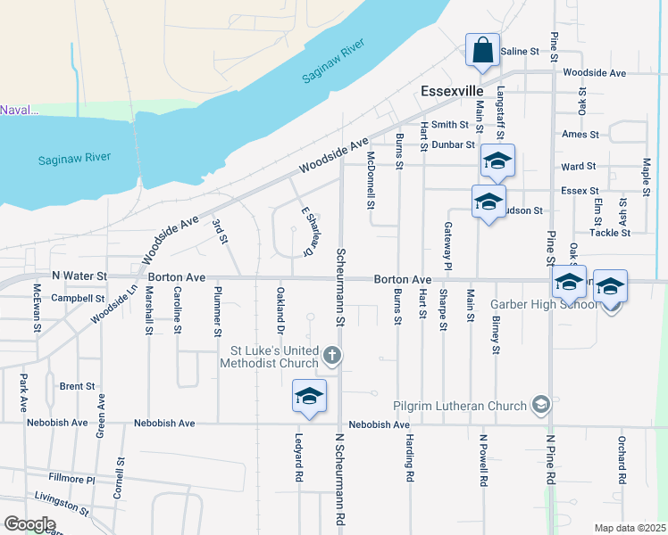 map of restaurants, bars, coffee shops, grocery stores, and more near 504 Scheurmann Street in Essexville