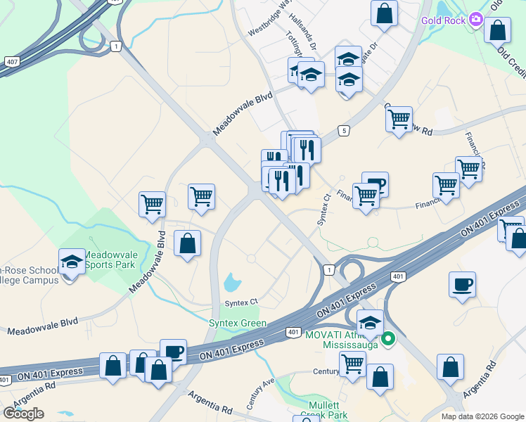 map of restaurants, bars, coffee shops, grocery stores, and more near 2050 Derry Road West in Mississauga