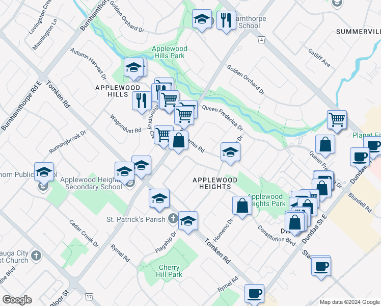 map of restaurants, bars, coffee shops, grocery stores, and more near 1093 Parthia Crescent in Mississauga