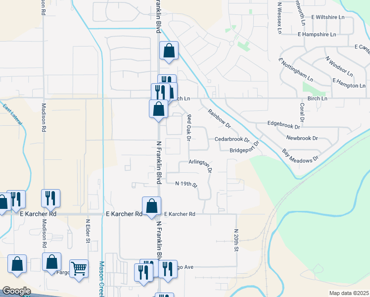 map of restaurants, bars, coffee shops, grocery stores, and more near 16283 Red Oak Drive in Nampa