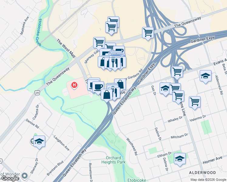 map of restaurants, bars, coffee shops, grocery stores, and more near 215 Sherway Gardens Road in Toronto