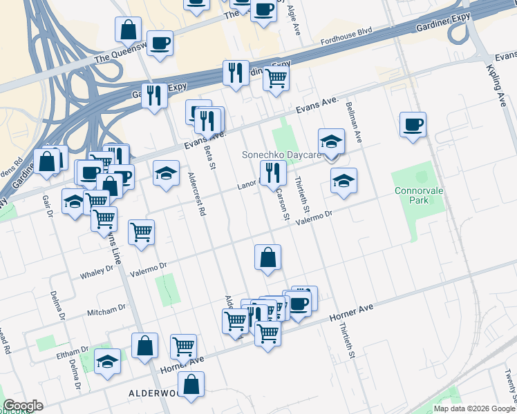 map of restaurants, bars, coffee shops, grocery stores, and more near 246 Delta Street in Toronto