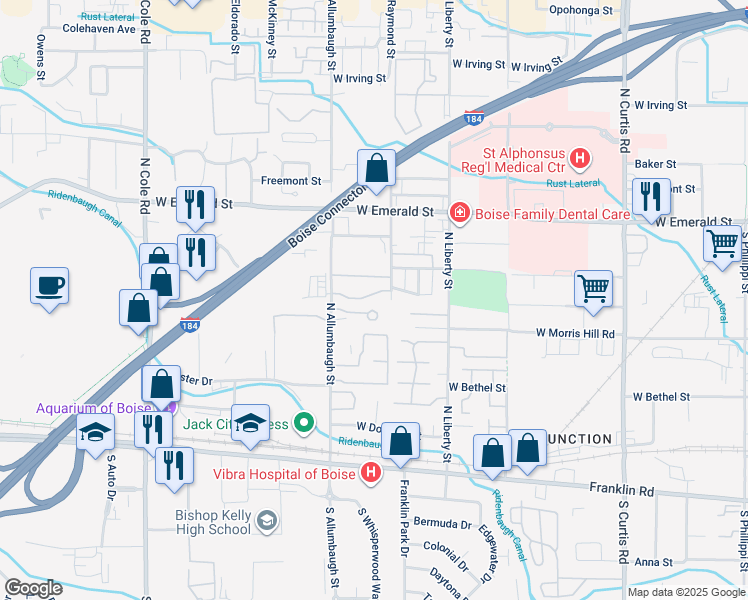 map of restaurants, bars, coffee shops, grocery stores, and more near 6680 West Clinton Lane in Boise