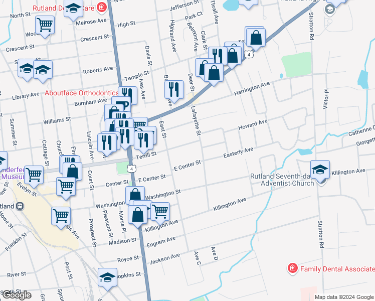 map of restaurants, bars, coffee shops, grocery stores, and more near 54 Terrill Street in Rutland