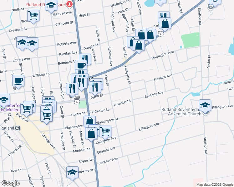 map of restaurants, bars, coffee shops, grocery stores, and more near 54 Terrill Street in Rutland