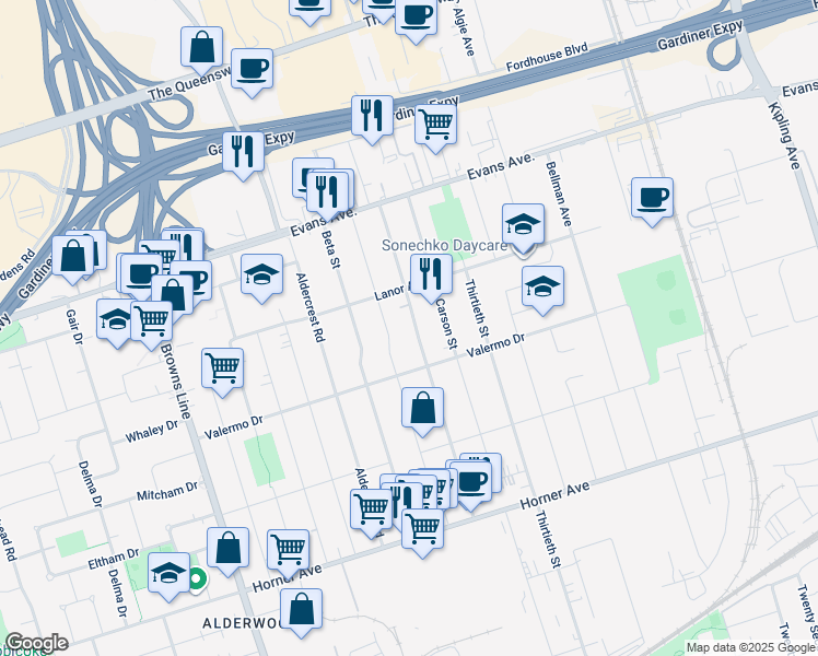 map of restaurants, bars, coffee shops, grocery stores, and more near in Toronto