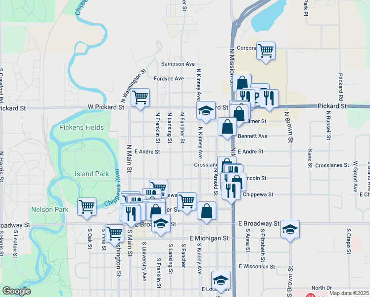 map of restaurants, bars, coffee shops, grocery stores, and more near 611 North Fancher Street in Mount Pleasant