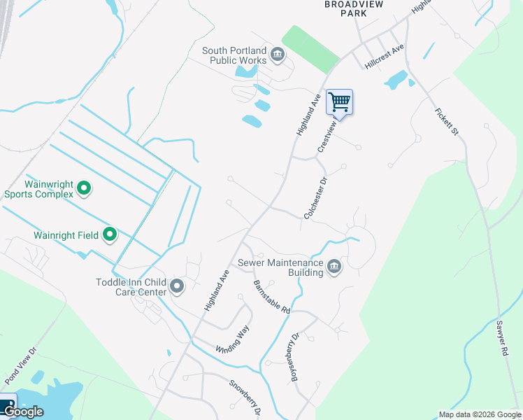map of restaurants, bars, coffee shops, grocery stores, and more near 22 Jessica Lane in South Portland